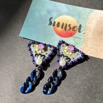 (ネイビー)べっ甲チェーンビーズ刺繍ピアス/イヤリング
