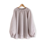 リネン100%クルーギャザービショップスリーブ長袖プルオーバー_Grayish light pink