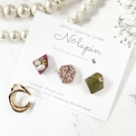 -kakera- 　ツイード＆ビジューミニピアス/イヤリング　3点セット　イヤーカフ付き【ディープモーベット×カーキ系】