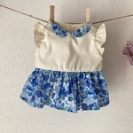 やわらかお肌のぽぽちゃん服　襟付きブルーの花柄ワンピース