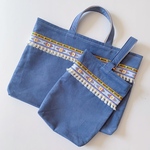 【SALE10%OFF】【送料無料】お花のチロリアンテープ×ブルーコーデュロイのレッスンバッグ・シューズバッグ　セット　お花系チロリアンテープ