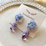 3way 天然石とつまみ細工のお花のイヤーアクセサリー　ブルー