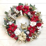 No.xmas-14421★クリスマスリース　(xmasリース)   21-(13)   ポインセチア＆トナカイ　48cm・アートフラワー/造花リース/大型リース/壁掛け