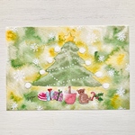 🎄透明水彩画「グリーンクリスマス」イラストポストカード２枚セット クリスマスカード　クリスマス　クマ　クリスマスギフト　クリスマスプレゼント🎄