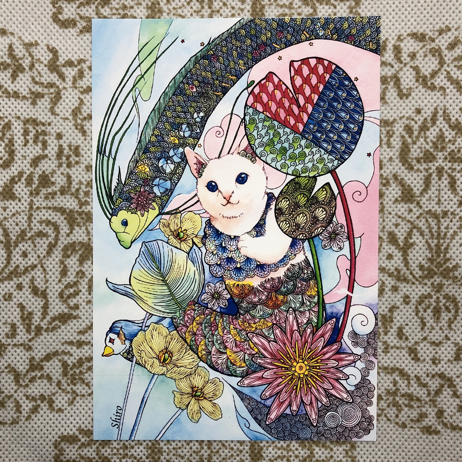 ポストカードサイズ❗手作り額付きシルクスクリーン応用絵画　「今宵もよろしく猫」 ポストカードサイズ❗手作り額付きシルクスクリーン応用絵画