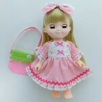 ワンピース&ヘアリボン　苺ポシェット付き　苺柄　ピンク水玉　ソランちゃん　レミンちゃん　コルネちゃん　メルちゃんサイズ　服