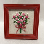 【送料無料】刺繍　フレーム　インテリア　ピンクの薔薇の花束