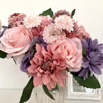 新商品☆ミックス,くすみカラー, 紫, ピンク, ダリア, 薔薇 , 小菊, 直径6.5センチ,  アーティフィシャルフラワー,ブライダル小物,フラワーアレンジメント,ウェディング,花束,fw097