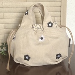 コーデュロイ フラワー刺繍バッグ☆巾着バッグ☆ランチバッグ☆秋冬バッグ☆グレー