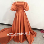 高品質！パーティードレス 前撮り結婚式 2次会 オレンジ ビスチェ　オフショルのパフスリーブ