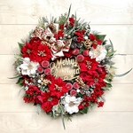 No.xmas-14424★クリスマスリース　(xmasリース)   21-(16)   レッドポインセチア＆アップル　55cm・アートフラワー/造花リース/大型リース/壁掛け