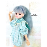 「パステルチェック×ミントグリーン」リカちゃんブライス服ビッグシルエットワンピース＆うさぎつけ襟