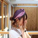 【バイカラーリネンクロスターバン】 パープル×ピンク×ブラックのバイカラーのリネンヘアバンド  おうち時間    まとめ髪に　リネンヘアアクセサリー
