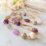 [再]パープル✳︎ベージュ✳︎お花ののロングネックレス