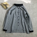 New:綿100%*小さな千鳥格子柄*サイドスリットの切り替えくるみ釦ブラウス（千鳥格子×ブラック）