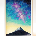 油絵 ミニ絵画額付き【星空の富士山】