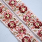 インド刺繍リボンᢂ シフォンフラワー【レッド】 インド刺繍/インドリボン/刺繍リボン/シルクリボン/トリム/ブレード/ジャガードリボン/チロリアンテープ/レース/チュール/チュールレース