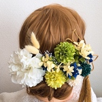 成人式　髪飾り　ドライフラワー袴　結婚式  着物 和装 卒業式 二次会　前撮り　和装　かすみ草　白ダリア　ブルー　黄色　グリーンのミックス紫陽花