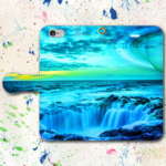 iPhone Android 手帳型スマホケース 滝 土星 惑星 ブルーver.【送料無料】