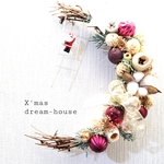 三日月🌜️サンタのダークピンク&木の実のWHITE　X'masリース　玄関リース