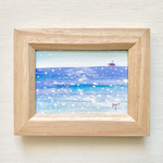 透明水彩画 「冬の海」イラストミニ額　クリスマス　クリスマスプレゼント　プチギフト  船　雪