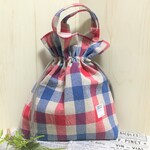 巾着バック　コットンリネン　ブルー&レッドのチェック柄