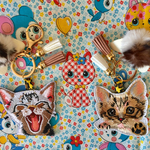 試作 猫ちゃん大好き！猫耳ファーポンポン+可愛い猫ちゃん刺繍バッグチャーム＆キーリング