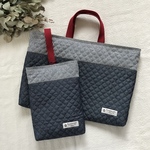 大きめ(33×47センチ)キルティングレッスンバッグ＆上履き入れ  ヒッコリーストライプ×リアルデニム