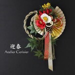 【早割】2023年 お正月飾り しめ縄＜金扇＆紅白椿＞しめ飾り アーティフィシャルフラワー