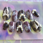 ネイルチップ　22 ピンク　ブラウン　リボン　チェック　秋ネイル　成人式　結婚式