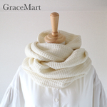 新作冬の白ウールコットンニットのロングスヌード　男女兼用　ワッフルニット