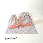【hy0512様専用】水色花柄 お弁当袋&コップ入れ(巾着袋)&ランチョンマット 4点セット