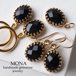 宝石質ブラックオニキスのベゼルピアス/イヤリング/ネックレストップ