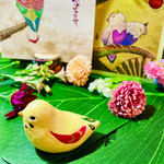 ＜和＞鳥オブジェ(蒸栗色)+麻呂鳥ポストカード＋シール セット