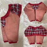【袖デニム】肘あてわんこ服 ＜首50＞薄手ジャガード（レッド系チェック柄）ストレッチデニム(薄赤）