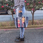 サイドポケット付きデニムストライプのペイズリートートバッグ
