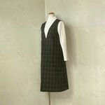 ウール　黒×ベージュ・チェック　VネックＡラインジャンパースカート　Lサイズ　100　