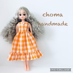 リカちゃん　服　ワンピース　フリル　オレンジチェック
