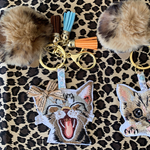💗セール/猫ちゃん大好き！猫耳ファーポンポンミルクティ＆チョコレート+可愛い猫ちゃん刺繍リバティ花柄＋オレンジターコイズチョコタッセルバッグチャーム＆キーリング
