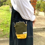 帆布✖️がま口　スマホポシェット　オリーブシリーズ