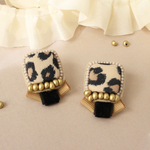 ビーズ刺繍＊レオパードカボションマスタードリボンピアス