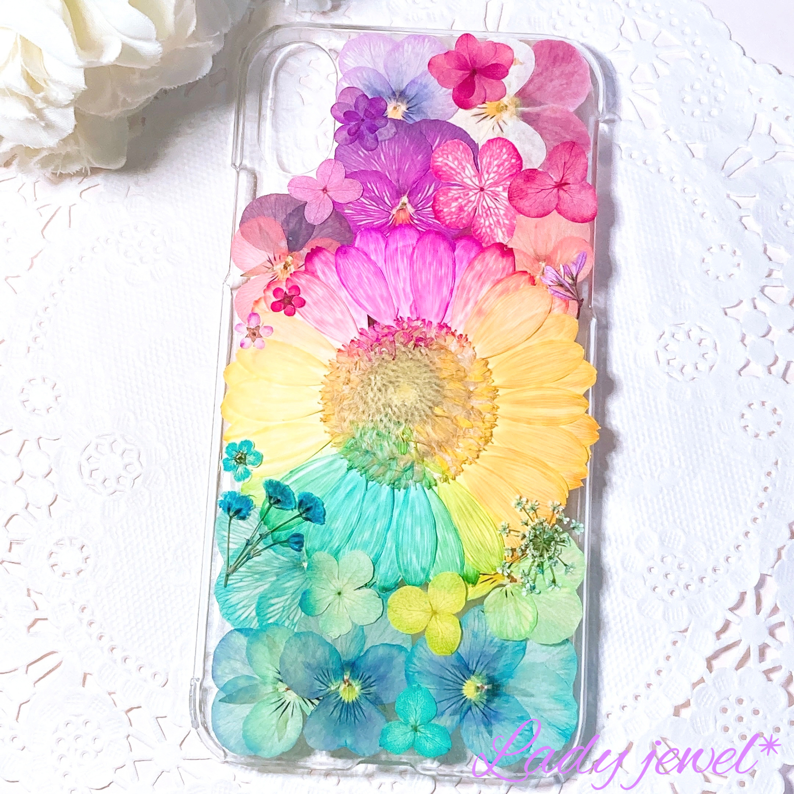 レインボーガーベラの押し花スマホケース ご注文品] 押し花iphoneケース＊colorfulレインボーガーベラ