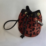 コットンニットバケツ巾着ショルダー 茶 幾何学