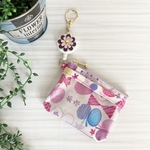 10cmファスナーのリールキーホルダー付きパスケース（水彩タッチ リボン×ちょうちょ柄 パープル））