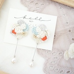 【 ユメノナカ 】水色 × 朱色 / 刺繍ピアス( イヤリング )