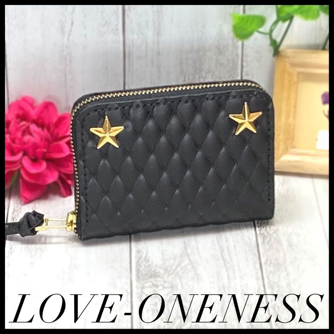 ❤️総本革ラウンドファスナー星スタッズミニ財布♪黒キルティングエンボス加工 レザー コンパクト 小さい 名入れ無料 丁寧手作り 買い物が楽しくなる♪