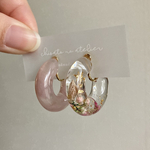 ﾒﾛｳ ( ﾋﾟﾝｸﾌﾞﾗｳﾝ ドライフラワー クリア マーブル ぷっくり ぽってり いびつ フープ イヤリング ピアス )