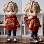 パーカーとパンツのセット　和柄赤（ねんどろいどどーるオビツ11ボディ共有サイズ）