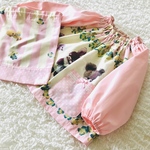 【100size】袋付き！可愛いぬいぐるみ柄のギャザースモッグ