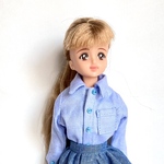 角襟ブルー長袖シャツ　ジェニー　バービー　はるとくん　袖まくりできるシンプルシャツ　ドール服　男女兼用　ユニセックス　着せ替え遊び　アウトフィット
